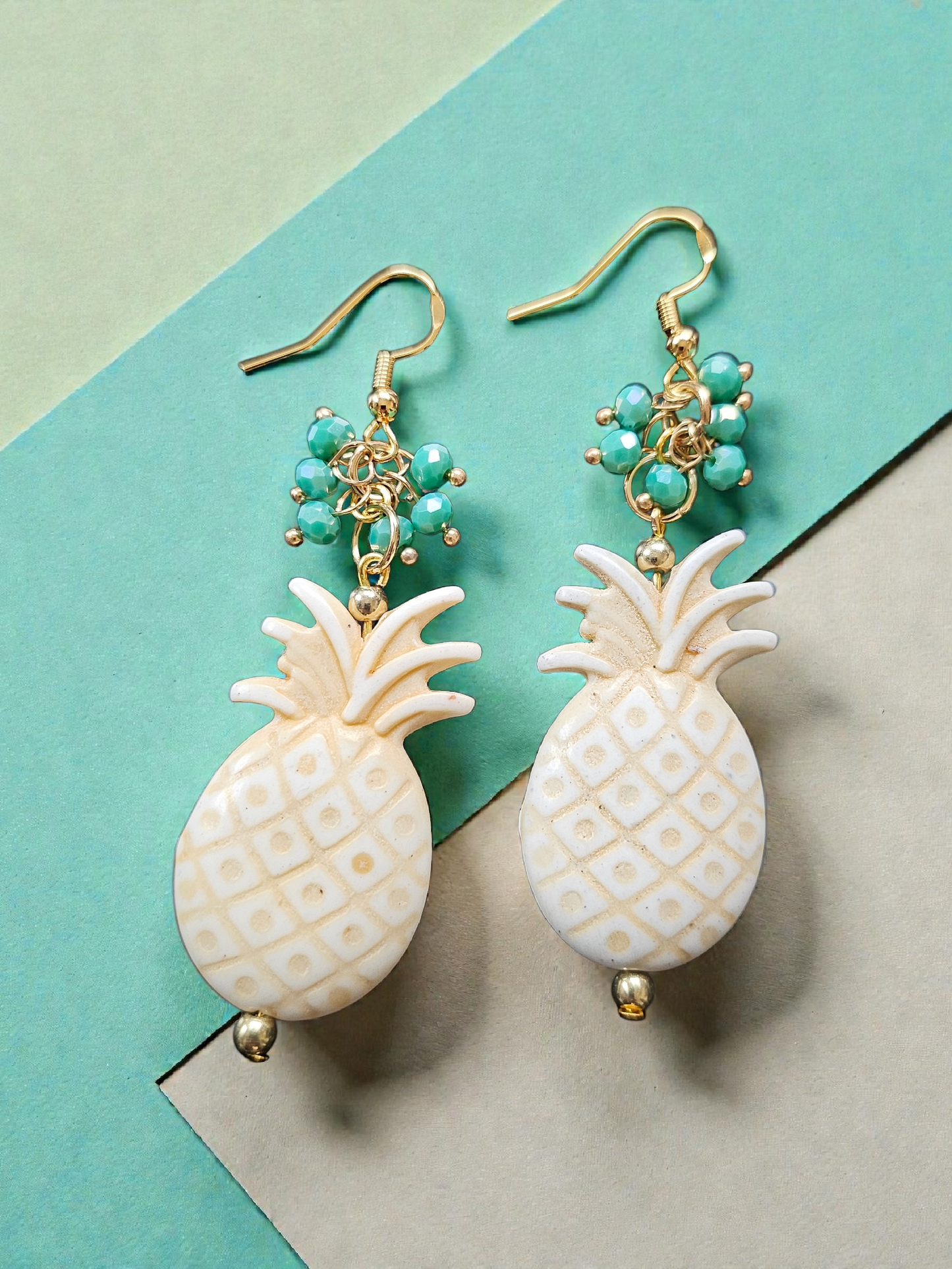 Ivory Pineapples with Teal Shimmer Bead Clusters Dangle Earrings