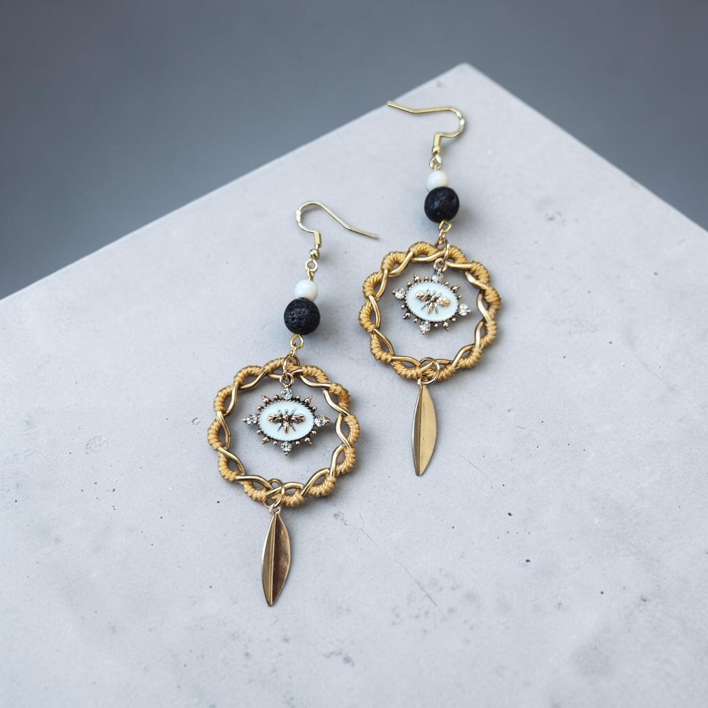 Upcycled Yellow and Gold Braid with Bees and Lava Beads Dangle Earrings
