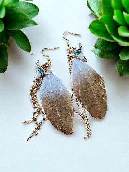 Colorful Bull Skull and Gold and White Feather Earrings