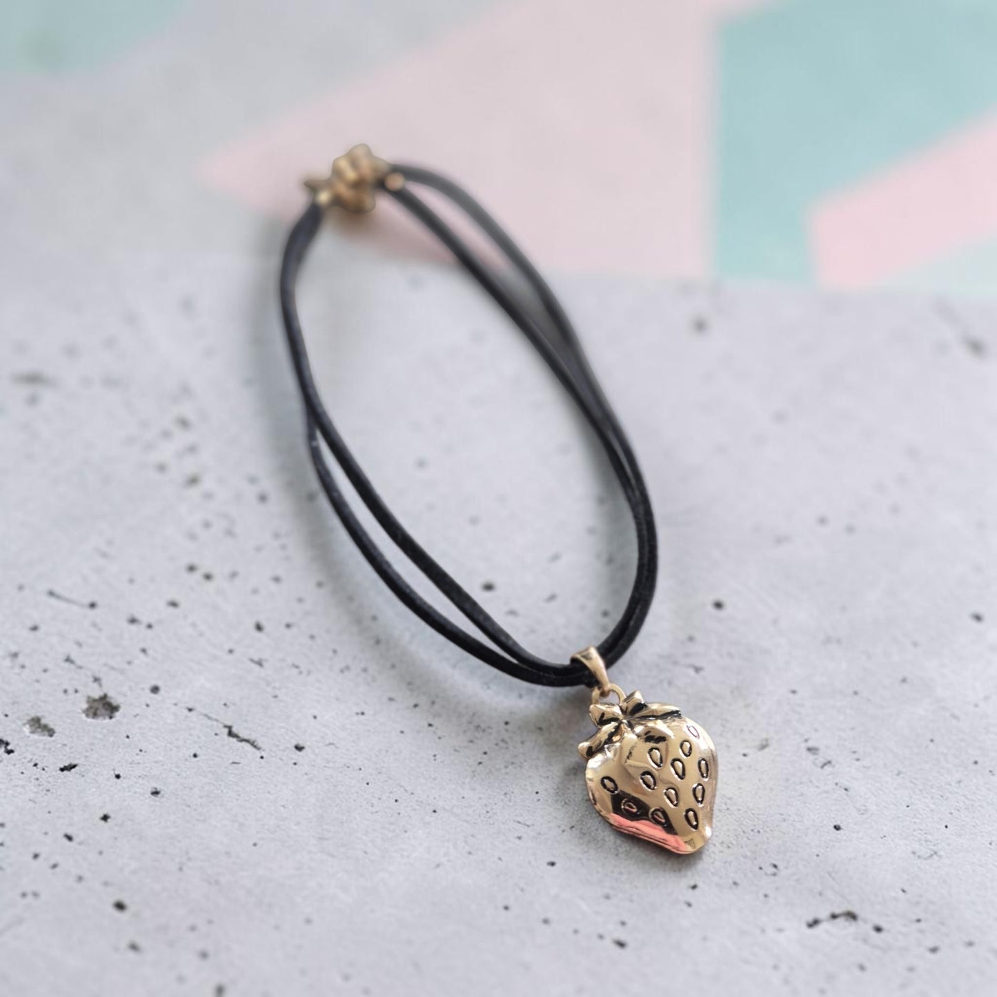 Golden Strawberry Locket on Black Double Choker Necklace