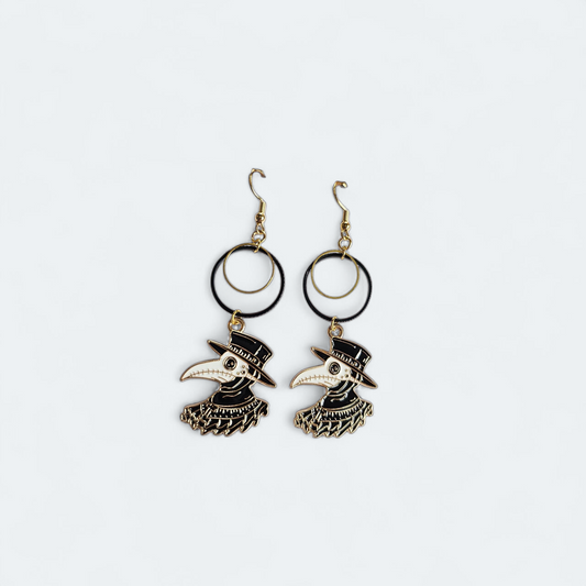 Plague Doctor Gold and Black Dangle Earrings