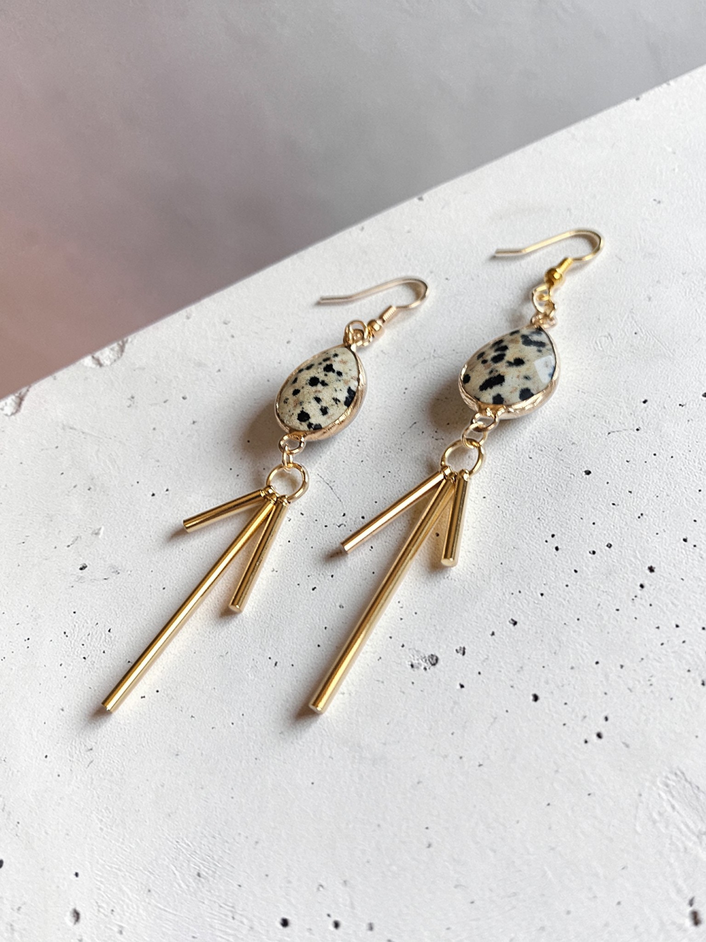 Dalmatian Jasper Teardrop Gemstone Dangle Earrings with Golden Bar Dangles