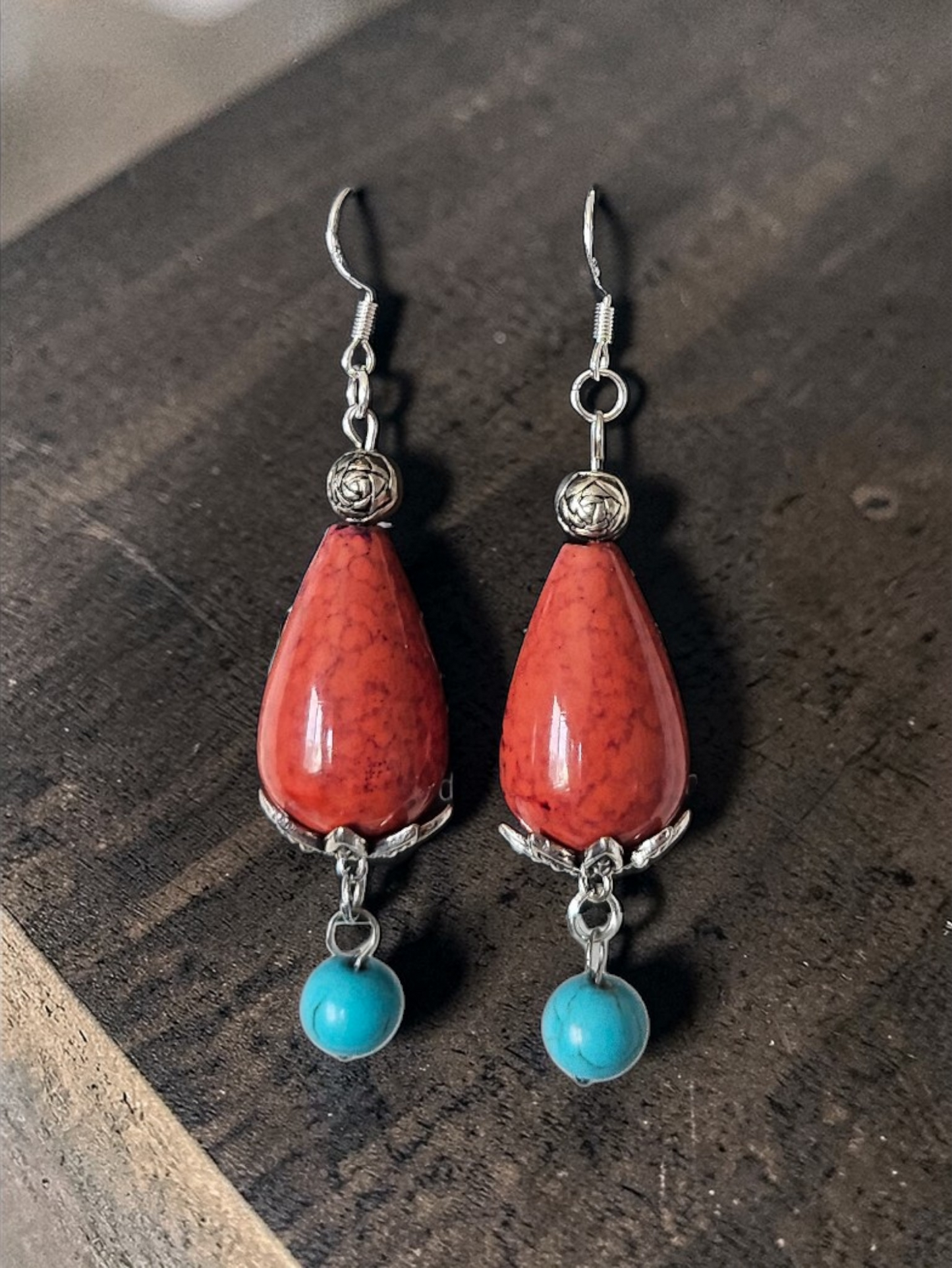 Upcycled Marbled Orange Teardrop Beads with Turquoise Dangles and Silver Accents Dangle Earrings