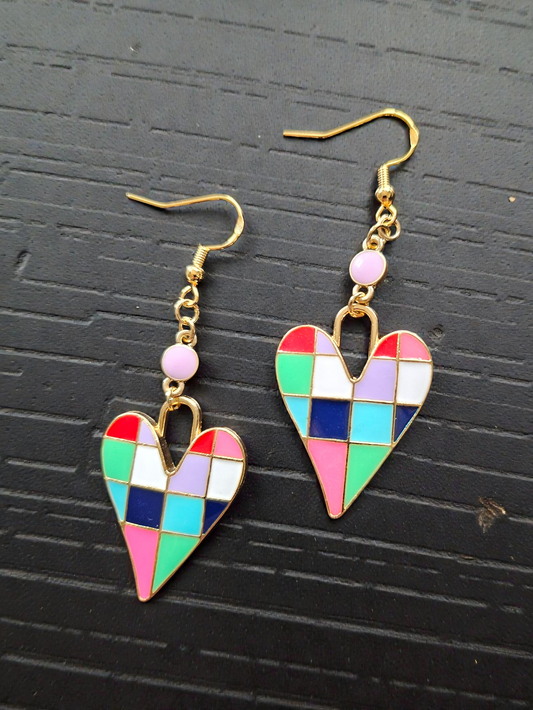 Retro Vibe Multicolored Hearts Upcycled Dangle Earrings