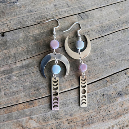 Asymmetrical Silvery Stages of the Moon Dangle Earrings