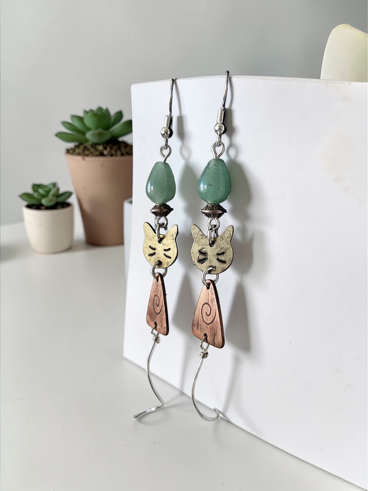 Copper Cats with Silver Tails on Aventurine Beads Dangle Earrings