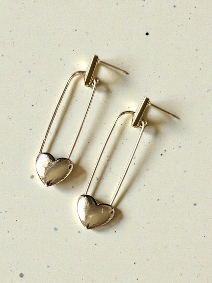Golden Heart Paperclip Style Dangle Stud Earrings on Gold Post Stud