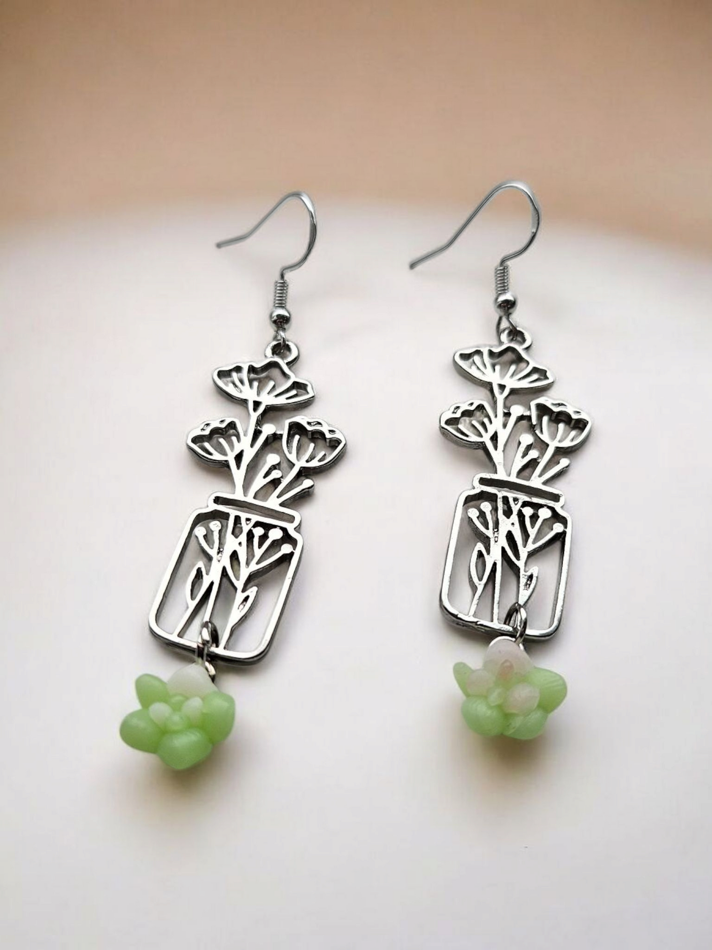 Silver Flower Jar and Succulents Dangle Earrings