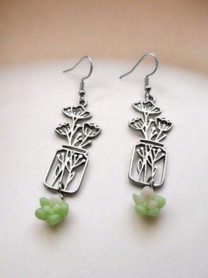 Silver Flower Jar and Succulents Dangle Earrings