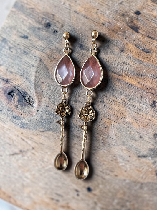 Pink Rutilated Quartz Teardrops with Golden Spoons Dangle Earrings