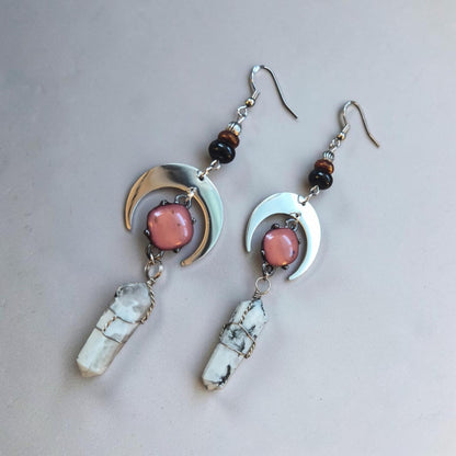 Celestial Silver Moons with Genuine Selenite Crystals Dangle Earrings