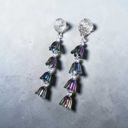 Iridescent Bell Flowers on Silver Beaded Stud Earrings