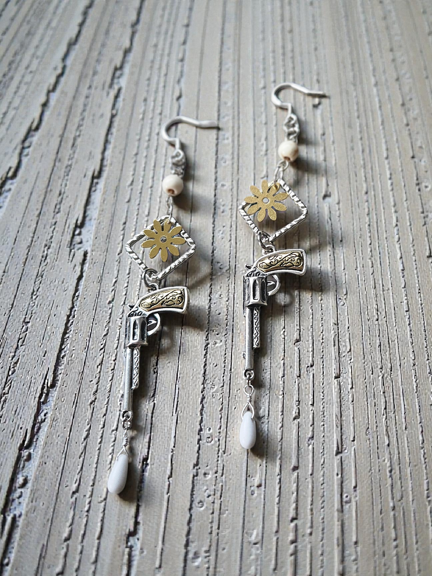 Big Sky Gold and Silver Revolver Dangle Earrings with Marbled White Accents