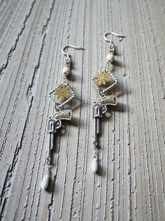 Big Sky Gold and Silver Revolver Dangle Earrings with Marbled White Accents