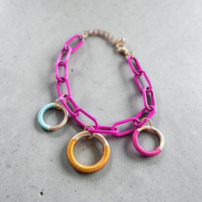 Pink Chain Bracelet with Colorful Threaded Hoops