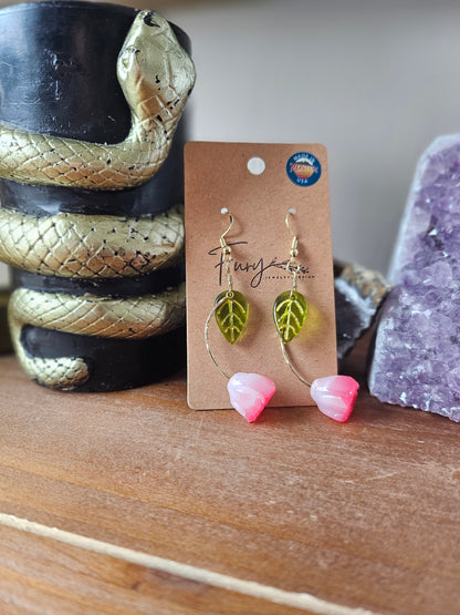 Glass Pink Tulip with Green Leaf Dangle Earrings