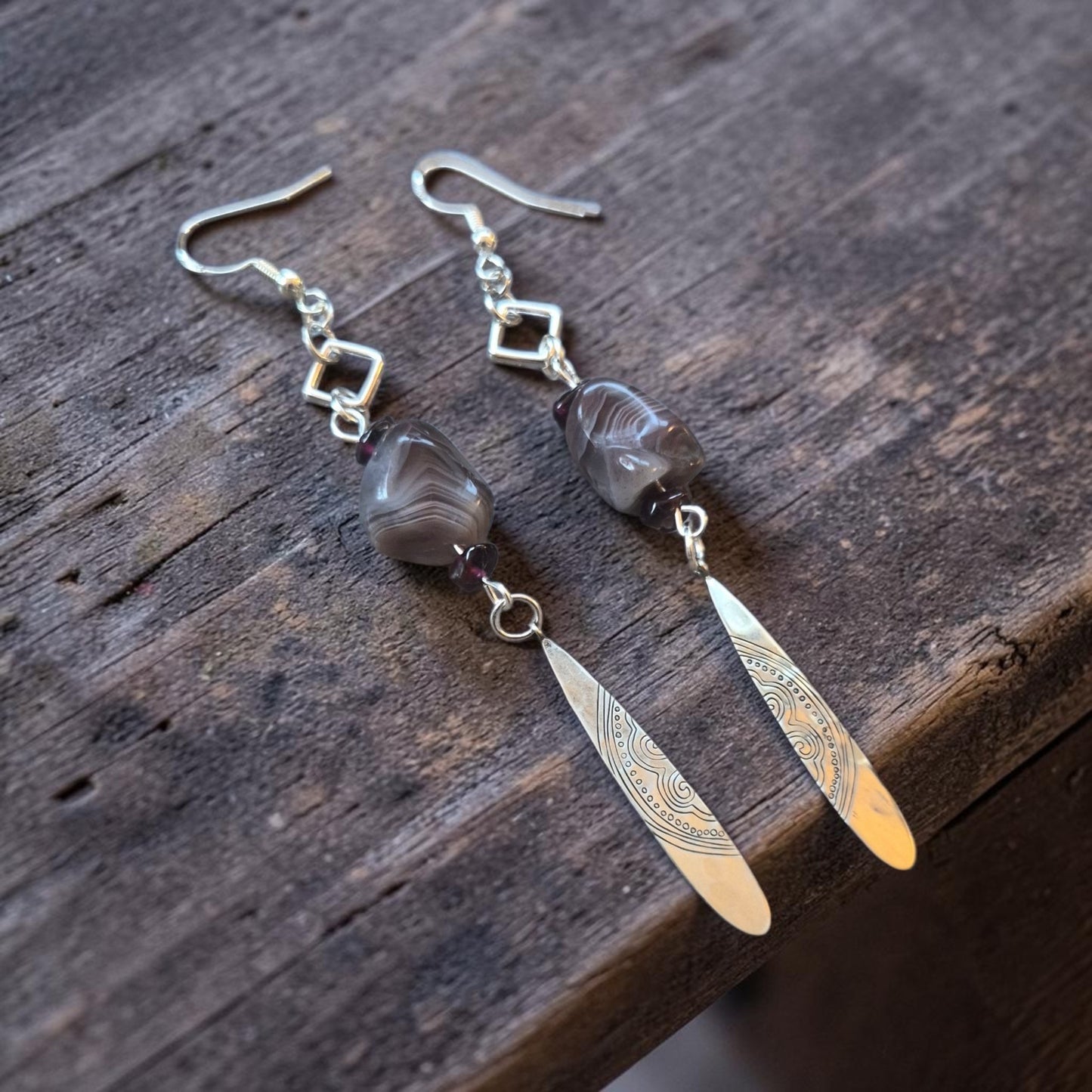 Purple Brazilian Agates with Upcycled Silver Drops Dangle Earrings