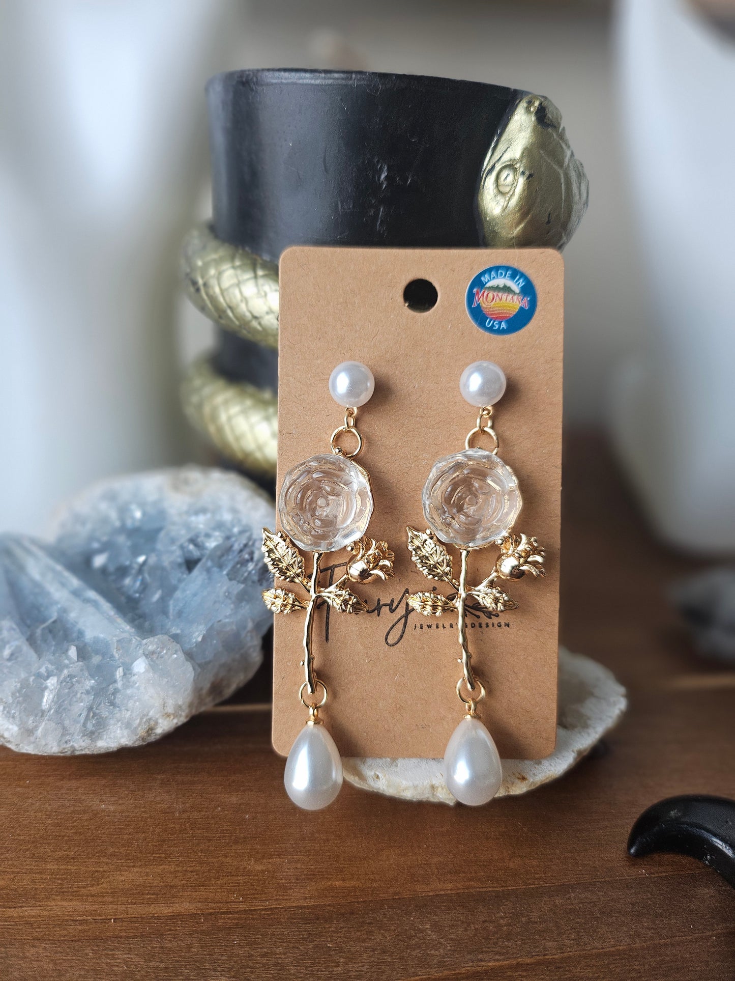 Glam Pearl & Golden Flower Dangle Post Earrings