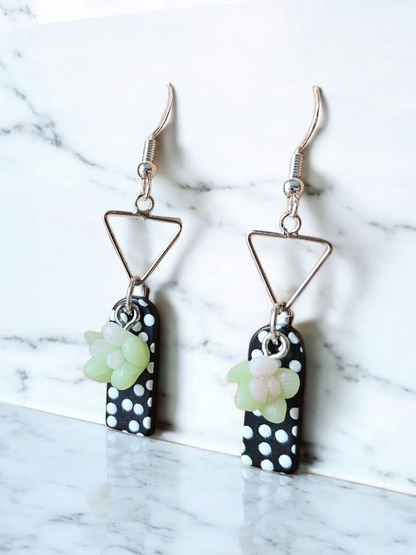 Navy Blue Polka Dots and Succulents Dangle Earrings