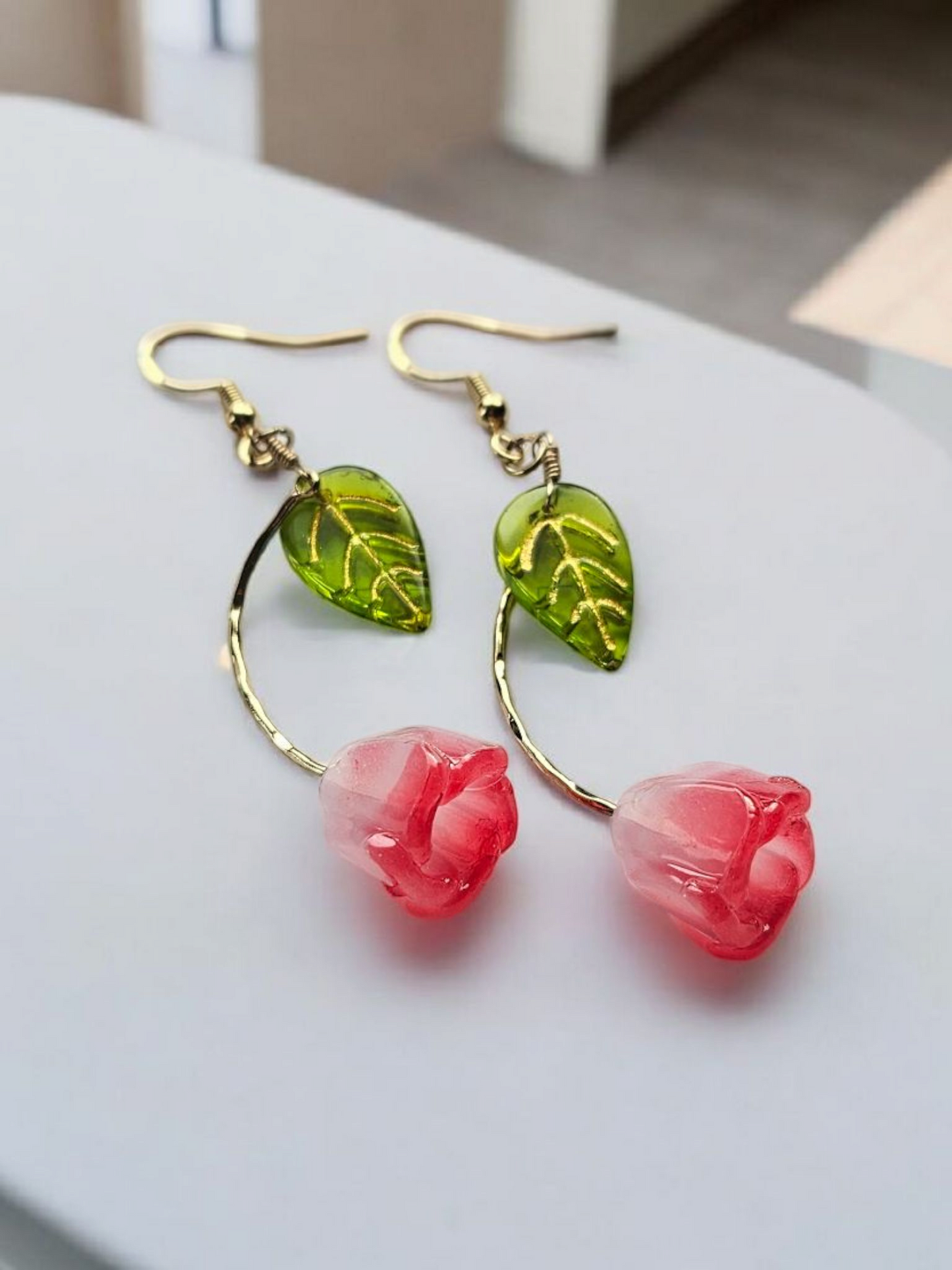 Glass Pink Tulip with Green Leaf Dangle Earrings