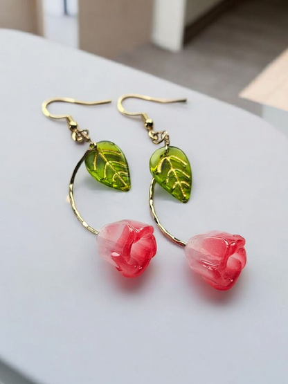 Glass Pink Tulip with Green Leaf Dangle Earrings