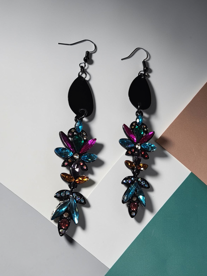 Upcycled Black Statement Dangle Earrings with Rainbow Gemstones