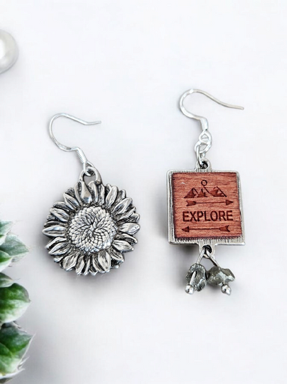 Explore Sign and Sunflower Asymmetrical Dangle Earrings