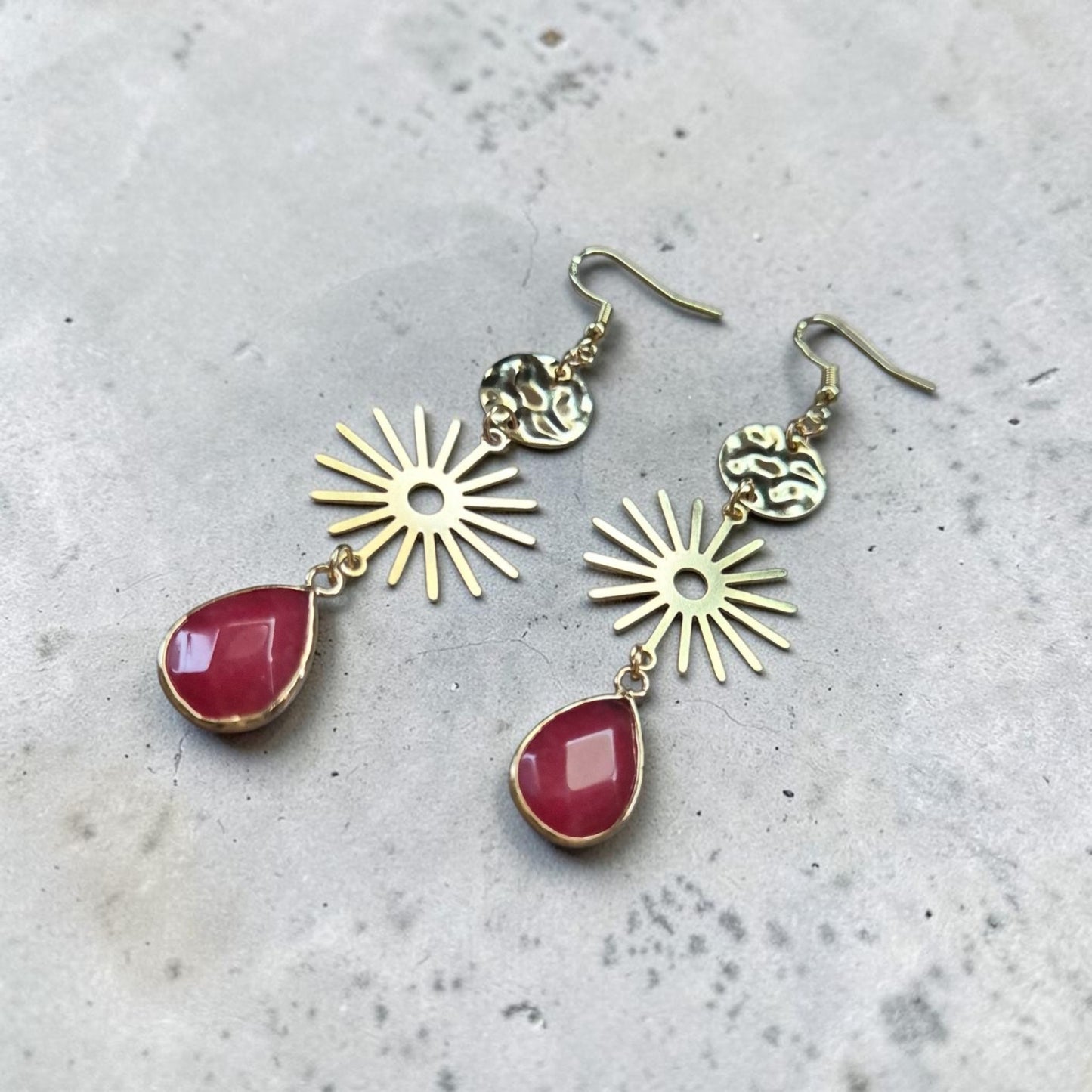 Golden Suns with Rhodochrosite Teardrops Golden Dangle Earrings