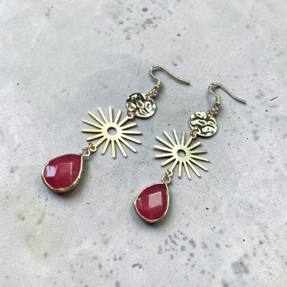 Golden Suns with Rhodochrosite Teardrops Golden Dangle Earrings