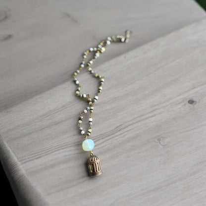 Bronze Bird Cage on Colorful Beaded and Bronze Necklace Chain