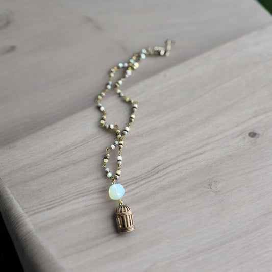 Bronze Bird Cage on Colorful Beaded and Bronze Necklace Chain