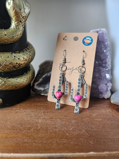 Upcycled Silver Cactus with Pink Heart Dangle Earrings