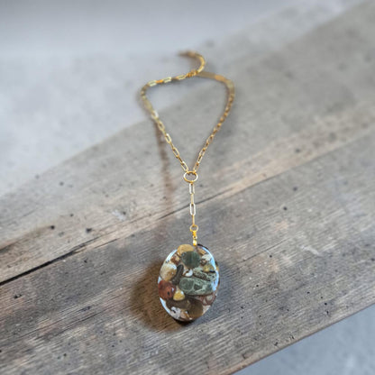 Colorful Tumbled River Stone in Resin Pendant on Golden Chain Necklace