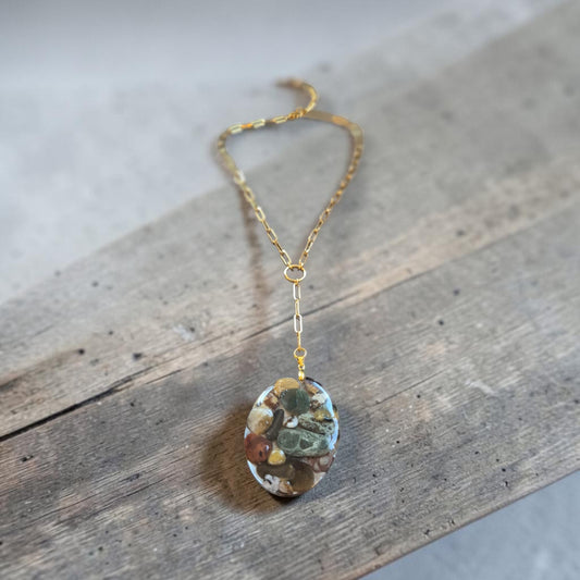 Colorful Tumbled River Stone in Resin Pendant on Golden Chain Necklace