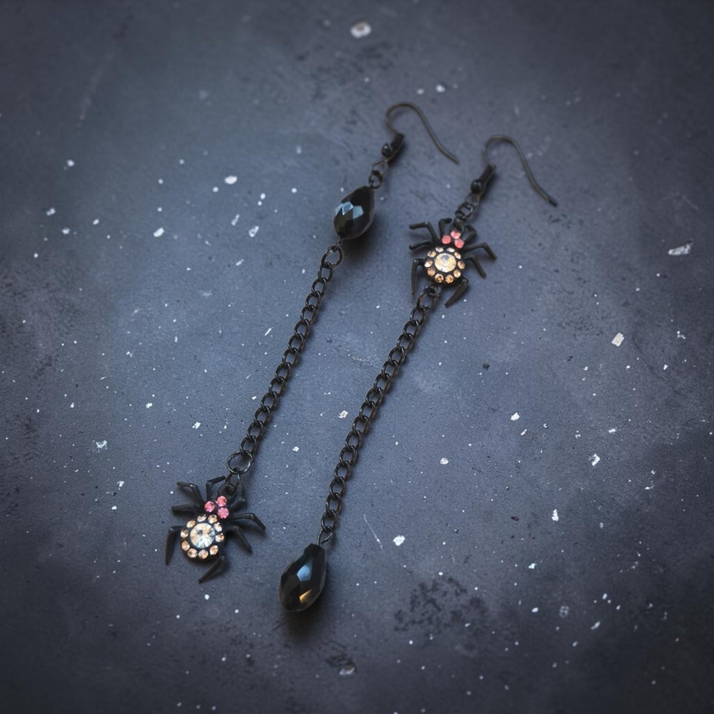 Asymmetrical Black Dangle Spider Earrings
