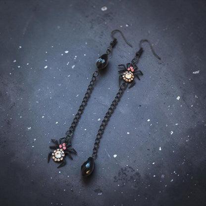 Asymmetrical Black Dangle Spider Earrings