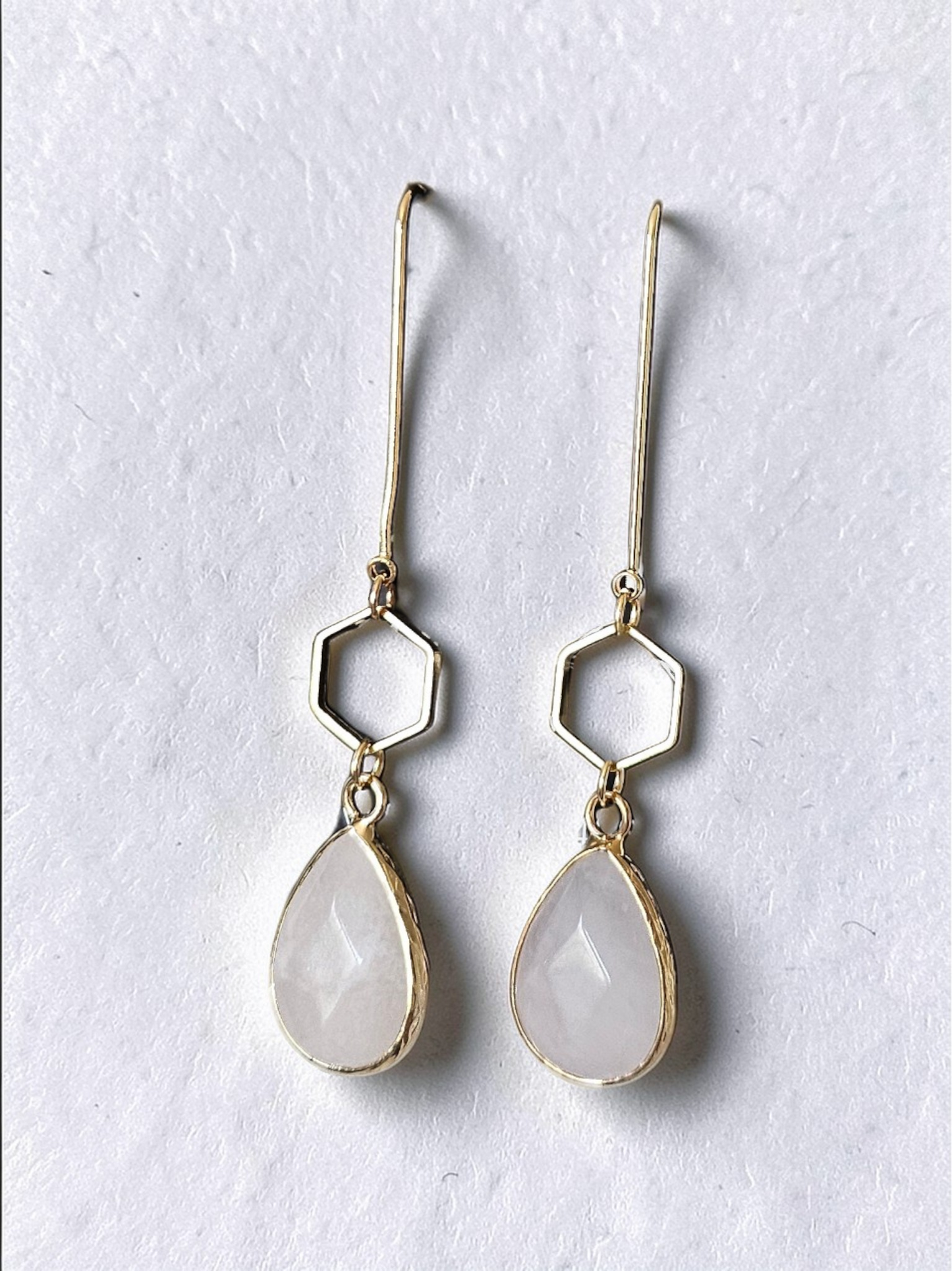 Teardrop Gemstones and Hexagons on Golden U-shaped Earrings