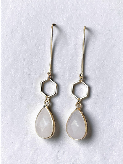 Teardrop Gemstones and Hexagons on Golden U-shaped Earrings
