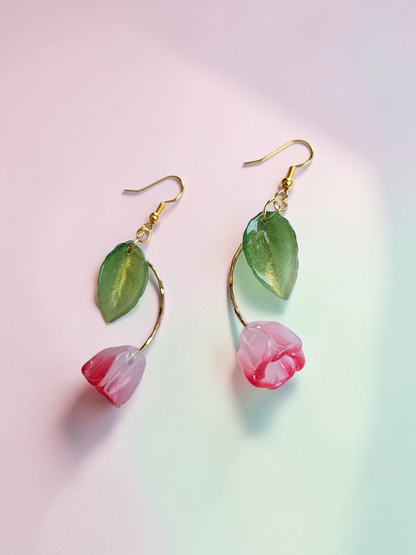 Glass Pink Tulips on Gold Dangle Earrings