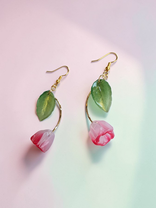 Glass Pink Tulips on Gold Dangle Earrings