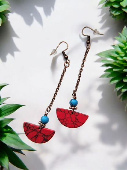 Upcycled Copper and Marbled Red Drop Dangle Earrings