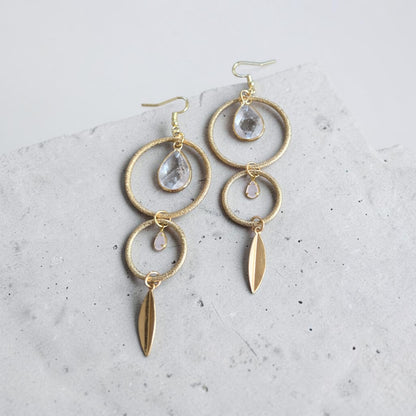 Golden Circles with Clear Quartz and Rose Quartz Teardrops Dangle Earrings