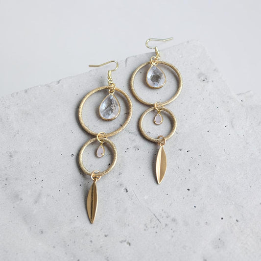 Golden Circles with Clear Quartz and Rose Quartz Teardrops Dangle Earrings