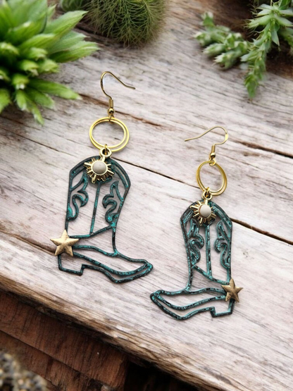 Teal and Spurs Upcycled Cowboy Boot Dangle Earrings