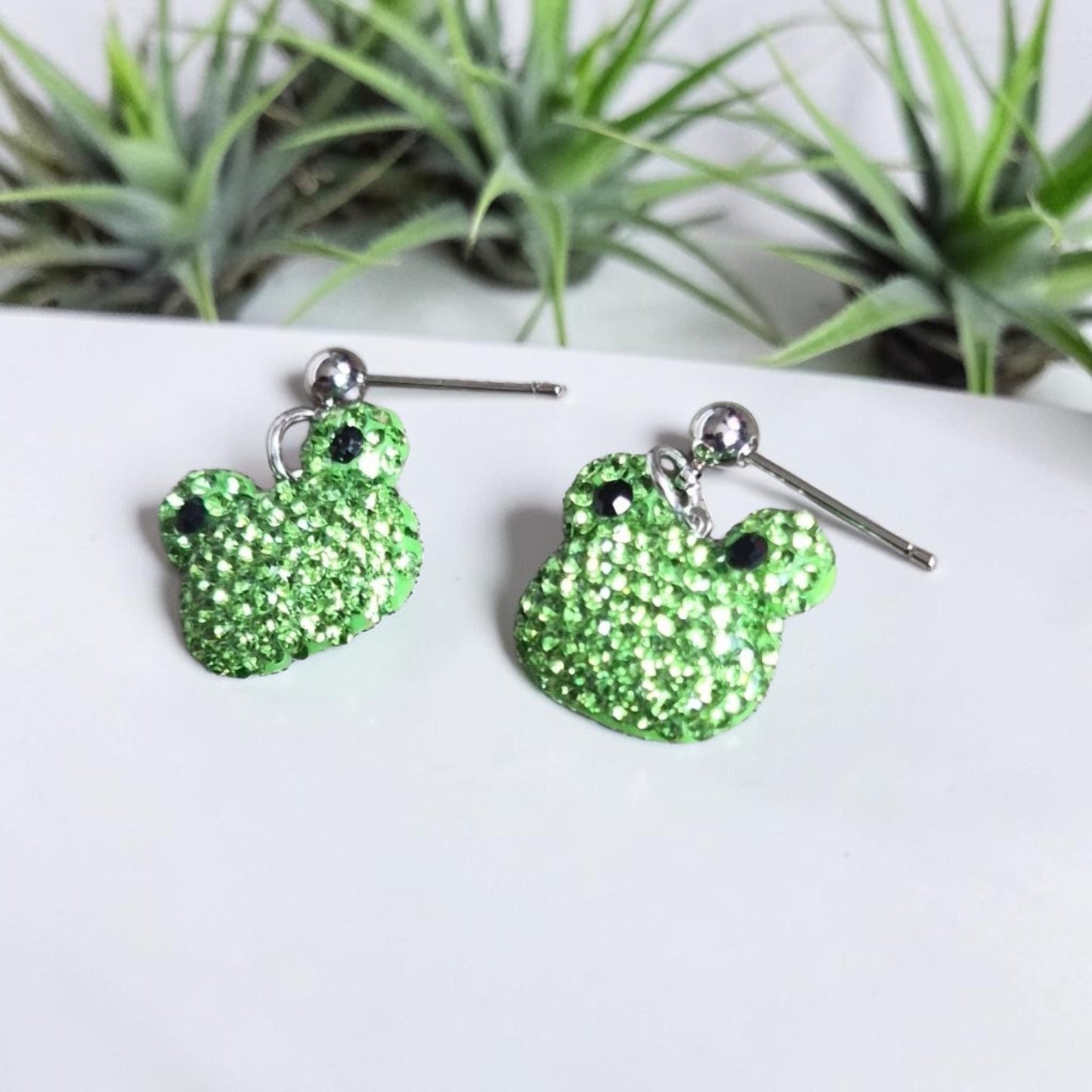 Green Rhinestone Frogs on Silver Studs