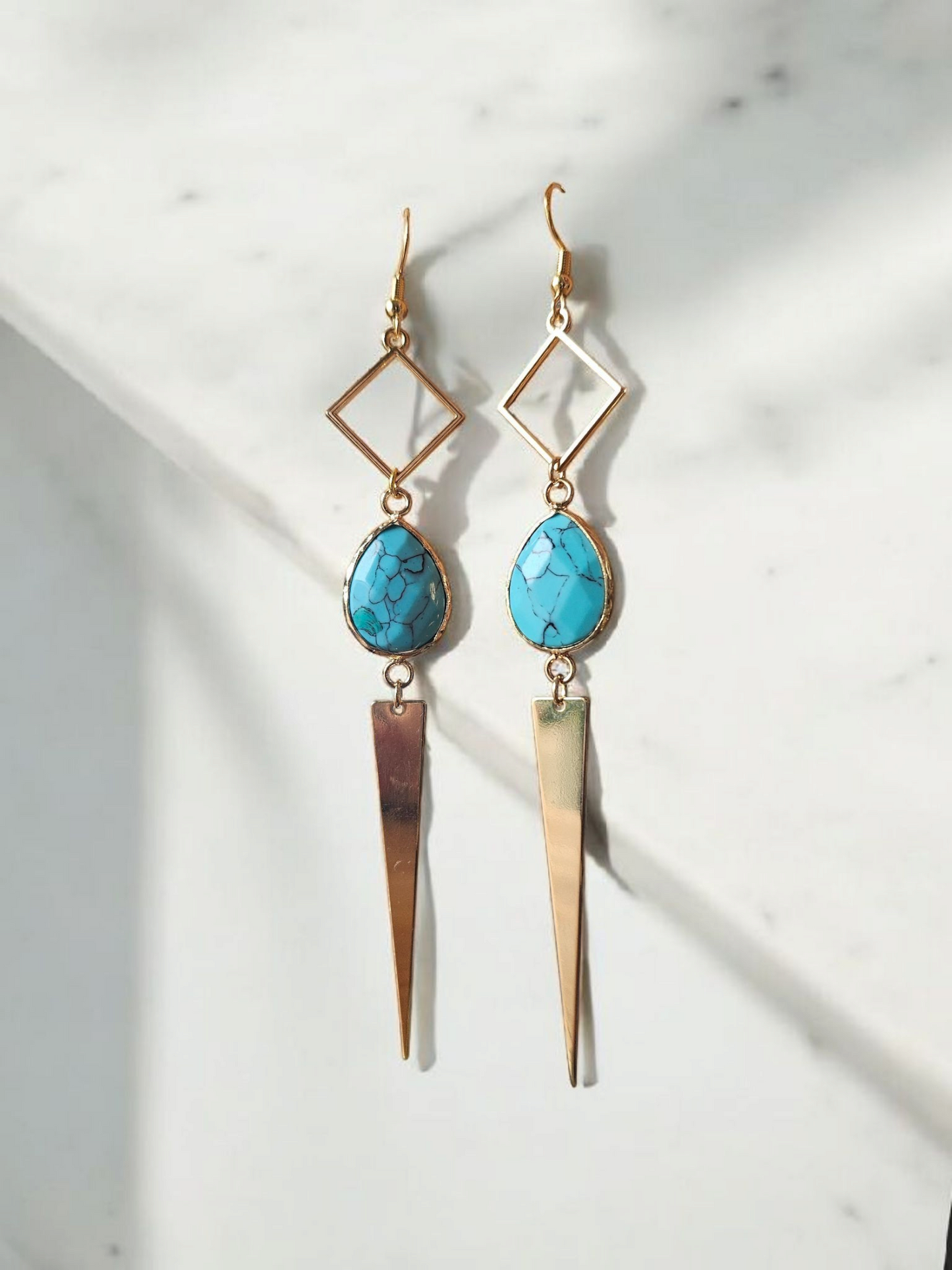 Teal Marbled Gemstone on Geometric Dangle Long Earrings