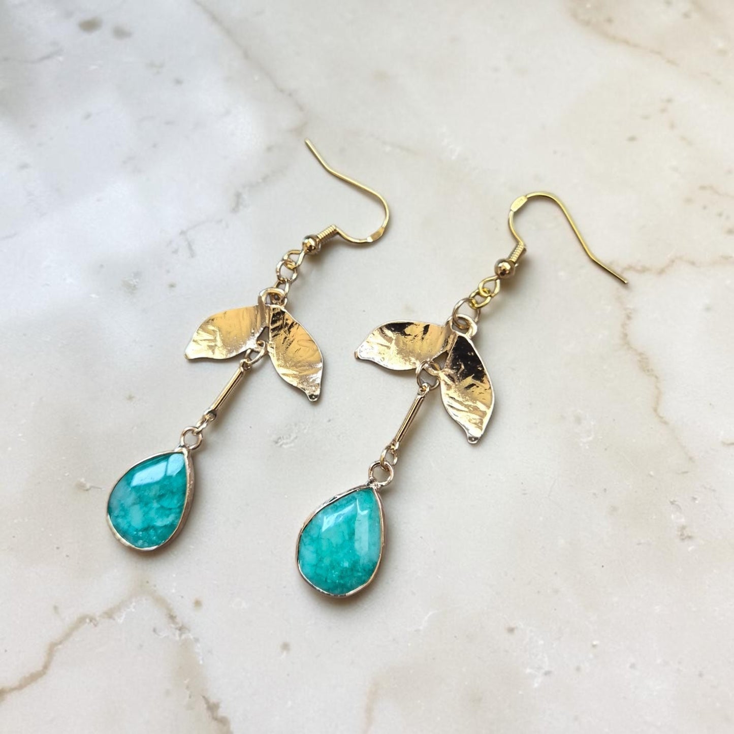 Blue Apatite Teardrops on Golden Leaves Dangle Earrings