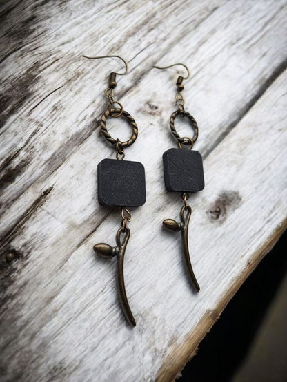 Upcycled Black Wood and Bronze Spring Flower Dangle Earrings