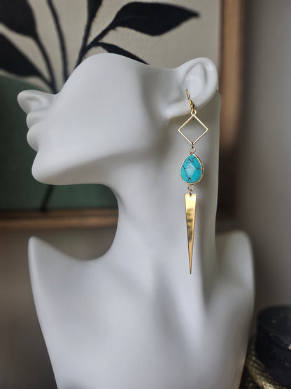 Teal Marbled Gemstone on Geometric Dangle Long Earrings