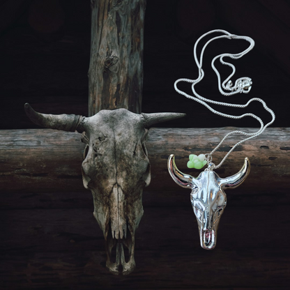 Silver Bull Skull with Succulent Charm 30" Silver Necklace